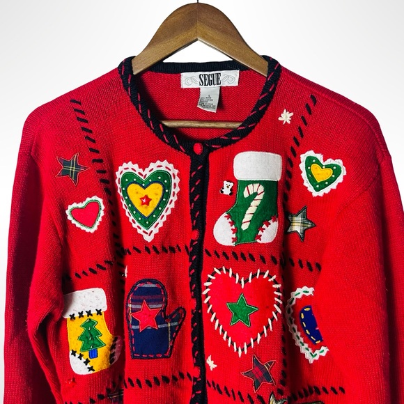 Vintage 80s Segue Christmas Cardigan Sweater Large Holiday Appliqué Knit Cottage - Picture 3 of 15